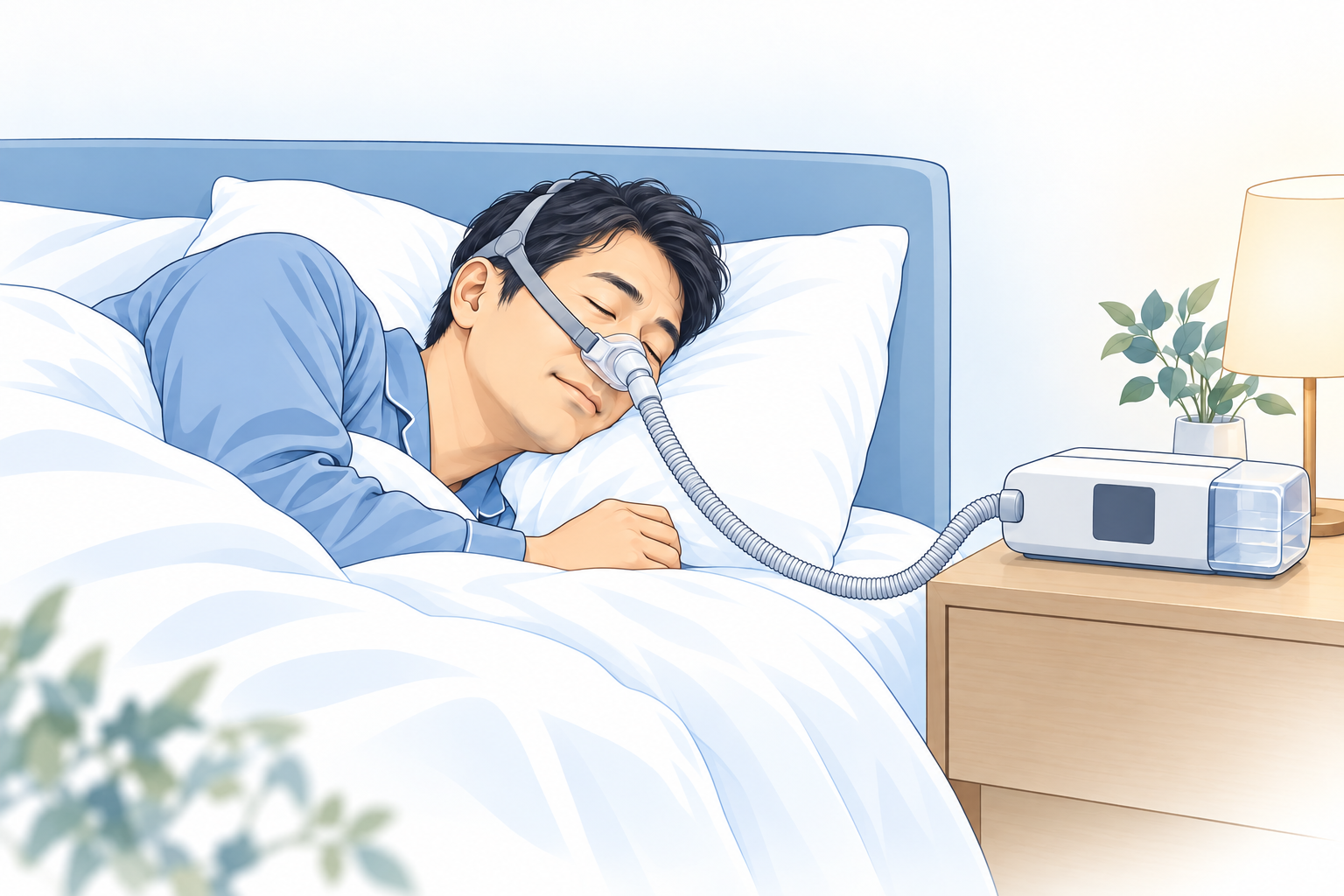 マスクとホースを使うCPAP治療のイメージ