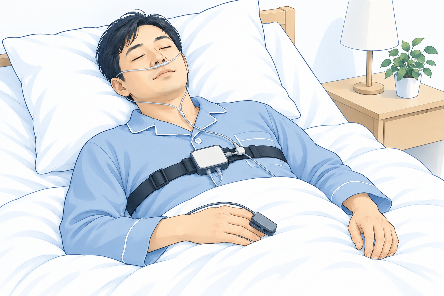 自宅で鼻の気流センサーと指の酸素センサーを装着して眠る簡易検査のイラスト