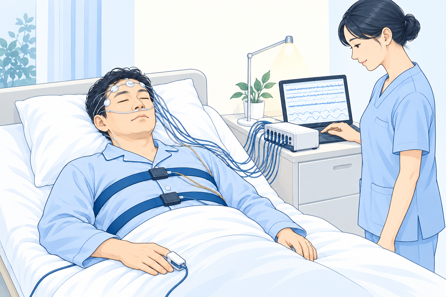 脳波・鼻の気流・胸腹部の動き・指の酸素を記録するPSG検査の装着例